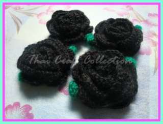 C491 4 Big Black Crochet Flower Rose 2.5 Handmade  