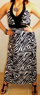 SEXY PINUP GOTH LOW CLEAVAGE PROM STRETCH ZEBRA LONG MAXI HALTER DRESS 