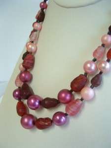   VTG Burgundy Pink Art Glass Bead Multi 2 strand Tiered Necklace Japan