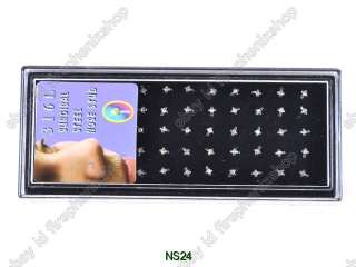   lots 60 rhinestone surgical stainless steel nose stud pin +box  