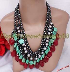   black pearl red jade black freshwater pearl turquoise necklace  