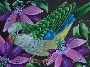 ACEO Quaker Monk Parakeet bird Passion flower print  