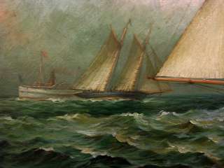 Wonderful Early 20th Century Oil Painting 3 Mast Sailing Boat at the 