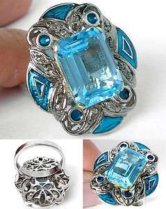   TOPAZ OCTA DIAMOND SKY BLUE ENAMEL GOLD .925 SILVER RING Size 9  