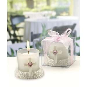  Candle Jar with Cross & Pink Rhinestones in Clear Box (Set 