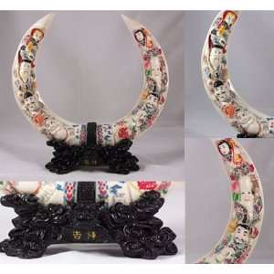   Crafted Elephant Tusk with Eight Wonders of the World 