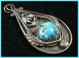 Vintage Sterling Silver Turquoise Mother of Pearl Teardrop Feather 