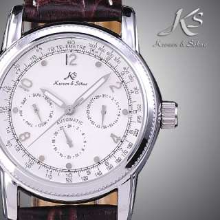 KS Date Day Auto Mechanical Leather Mens Wrist Watch  