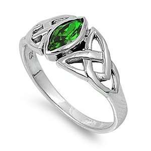 Sterling Silver Eye Shape Emerald CZ Celtic Ring May Birthstone Size 8