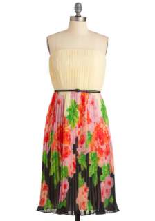Spring Ceremony Dress   Tan / Cream, Floral, Pleats, A line, Strapless 