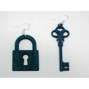  Teal Lock And Key Wooden Earrings GTJ Jewelry
