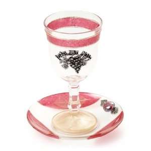  Glass Kiddush Cup of Pink with Grapes and Beaded Saucer 