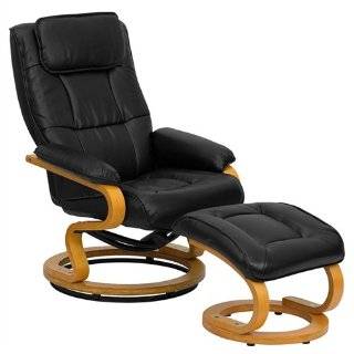   Black Leather Recliner and Ottoman with Swiveling Maple Wood