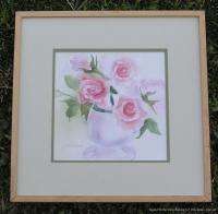   Original Signed Framed Watercolor Painting Bouquet of Pink Roses