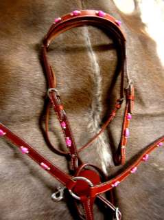 SET BRIDLE BREAST COLLAR WESTERN LEATHER HEADSTALL PINK  