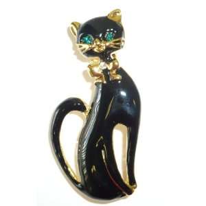  Black Enamel Sitting Cat with Green Eyes Pin Jewelry
