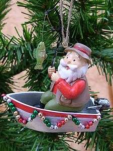 Santa Claus Fishing Boat Hat Pole Christmas Ornament  