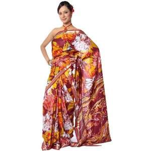   Silk Printed Sari from Mysore with Golden Zari on Border   Pure Silk