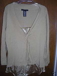 Knitted Gold Sweater W/ Mock Blouse Gold Sequins Large  