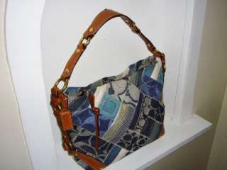 COACH Blue Denim Carly Patchwork & Whiskey Brown Leather Shoulder Bag 