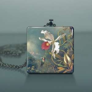 Hummingbird & Orchid Glass Tile Necklace Pendant E18  