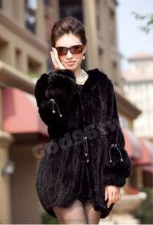 100% Real Genuine Knit Mink Fur Long Coat with Hood Outwear Jacket 