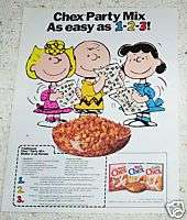 1992 ad page   Chex cereal Party Mix Recipe AD   Charlie Brown Peanuts 