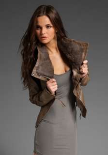 JUNE Tumbled Fur Collar Leather Jacket in Taupe  