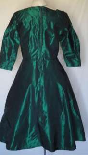   Vintage Emerald Green Taffeta Party Dress Rhinestone Buttons B40