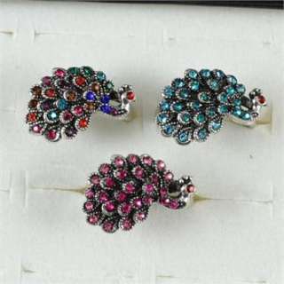   10pcs Silver Plated Cute Costume Cocktail Peacock Crystal Ring  