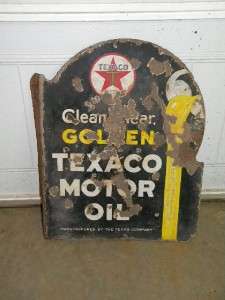 Old Texaco Golden Motor Oil Porcelain Gas Station Flange Sign ORIGINAL 