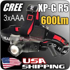 600 Lumens 7 watt CREE XPG R5 LED 3xAAA Zoomable Zoom Headlamp 