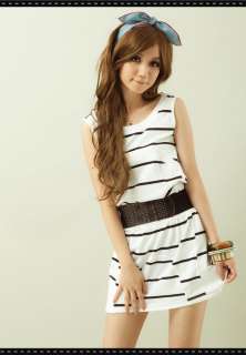 Simple Design Round Neckline Sleeveless Striped Mini Cotton Dress 