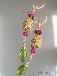   ~Garnet Pink Tourmaline Olive Vesuvianite Vermeil Stacked Earrings