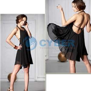 Fashion Backless Jewel Black Chiffon Halter Mini Dress  