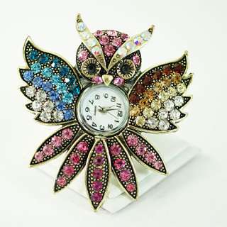 d901 Womens Tibet Silver Owl Rhinestone Crystal Adjustable Ring Watch 