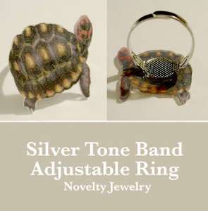 Red Footed Tortoise Silver Tone Band Adjustable Ring  