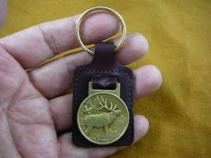   BRONZE Medallion LEATHER KEYCHAIN key chain RING Elk Wapiti buck deer