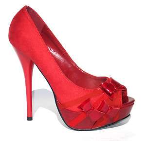RED PEEP TOE PLATFORMS W/ 3 PATENT BOWS AND RIBBONS ~ SHOES  