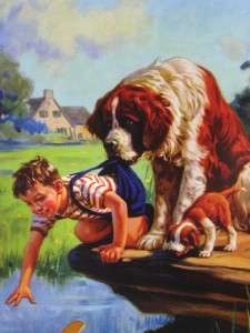 LITTLE BOY REACHES FOR TOY AIRPLANE IN STREAM AS HUGE ST BERNARD DOG 