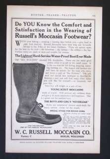 1915 W. C. RUSSELL MOCCASIN Ike Walton Neverleak Hunting Boot magazine 