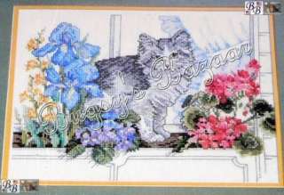   CAT IN THE WINDOW Flowers Counted Cross Stitch Picture Kit  