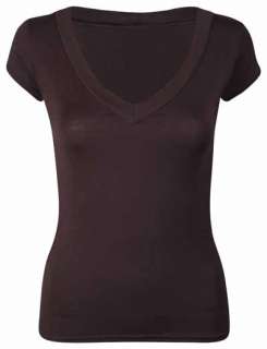   SLEEVE PLAIN TOP WOMENS NEW STRETCH FITTED V NECK BASIC T SHIRT  