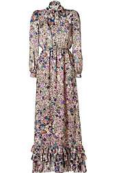 Beige Multi Color Floral Printed Maxi Silk Dress