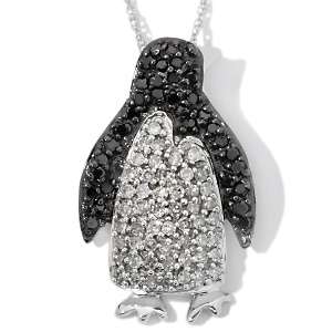 44ct Black and White Diamond 14K White Gold Penguin Pendant with 18 