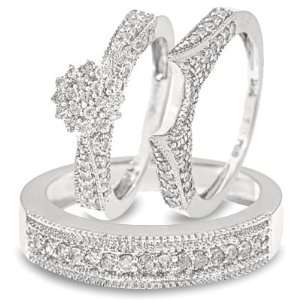 Round Cut Diamond Three Ring Matching Wedding Ring Set 14K White Gold 