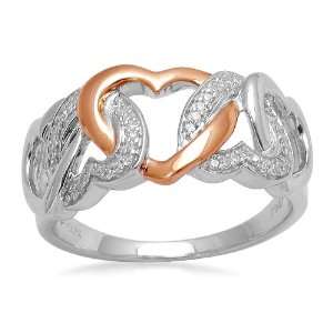 10K Rose Gold and Silver Diamond Interlink Heart Ring (1/10 cttw, I J 