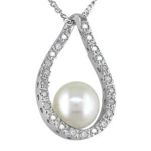   White Gold 1/10ctw Diamond and 6 7mm cultured Pearl Tear Drop Pendant