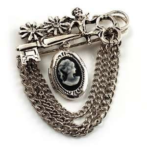Vintage Cameo Locket, Angel, Key, Flower And Chain Pin Brooch (Burn 