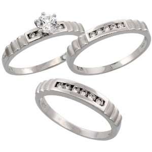 925 Sterling Silver 3 Piece Trio His (4mm) & Hers (3.5mm) CZ Wedding 